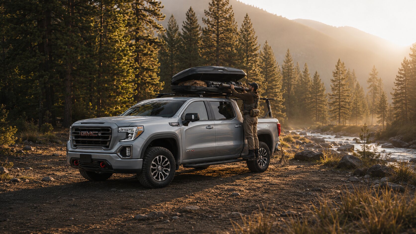 Vehicle with roof cargo accessory in the backcountry